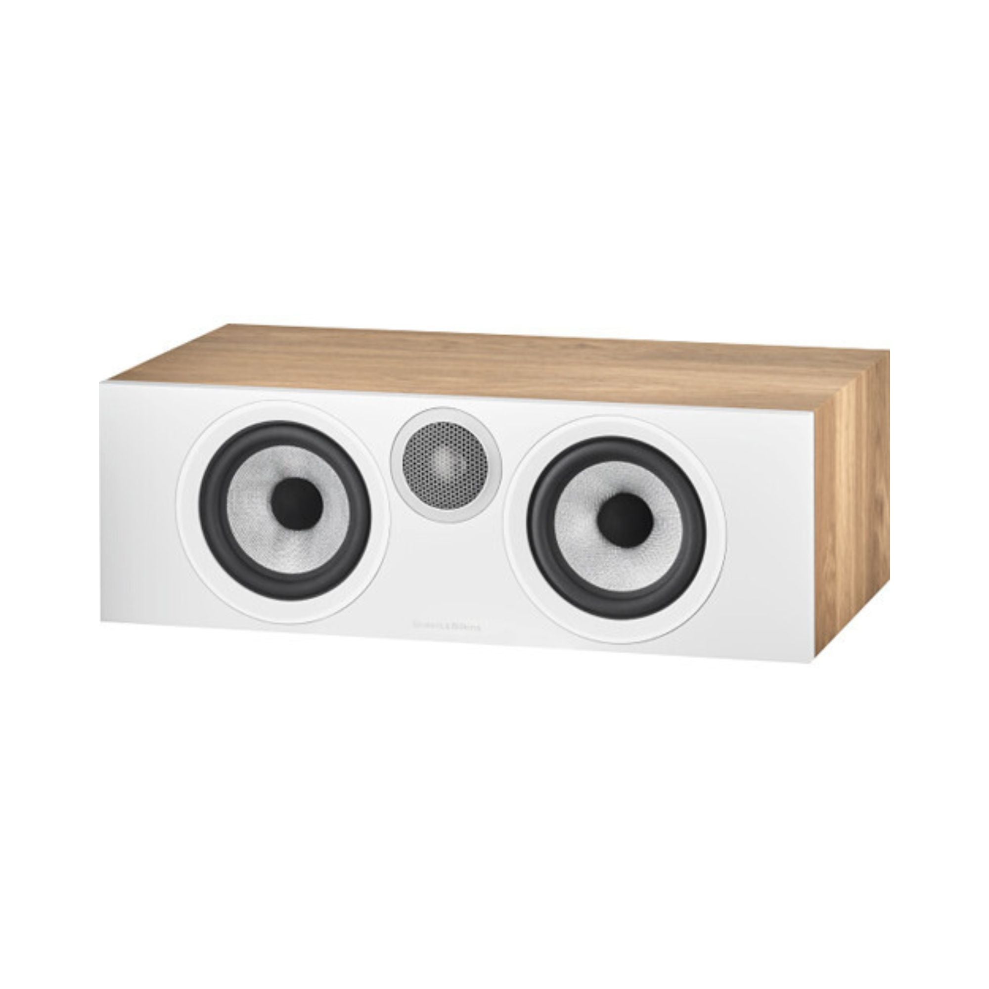 AVCore-Bowers- -Wilkins-HTM-S-Front-Angled-View-Grille-Removed-Oak jpg