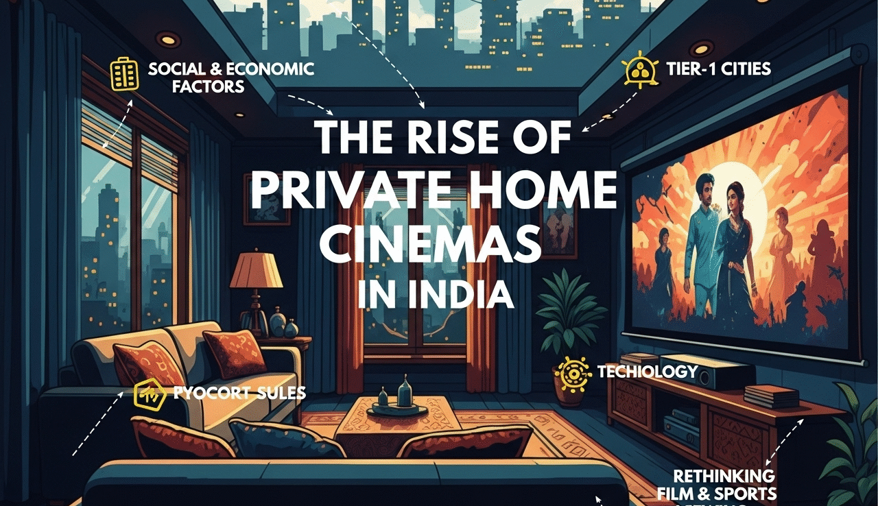 The rapid rise of private home cinemas in India. It covers the social and economic factors driving the trend, the technology enabling it, and why both Tier-1 and Tier-2 city residents are rethinking how they watch films and sports.